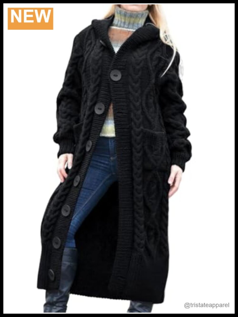 Chunky Cable Knit Long Cardigan, Women's Plus Size Hooded Duster Coat with